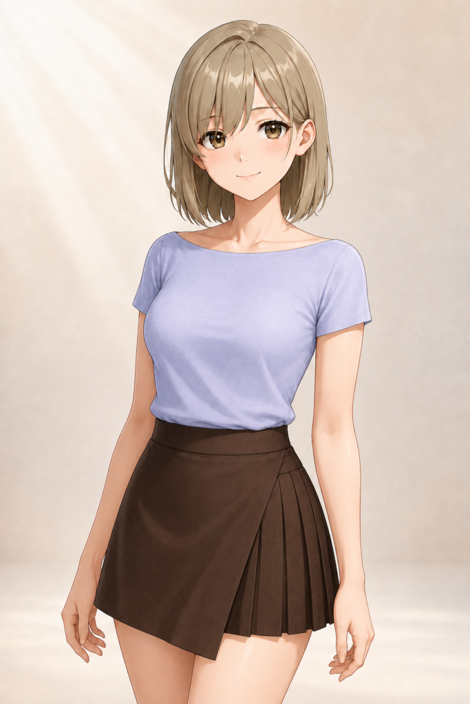 icy periwinkle boat-neck top+deep cocoa asymmetric kilt-inspired mini skirt