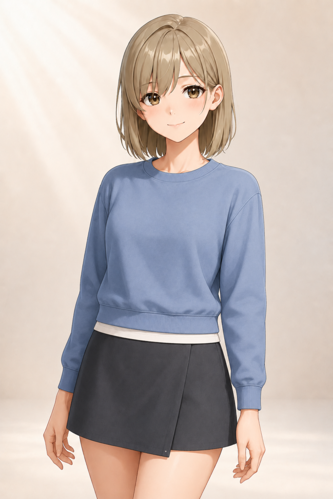 long T-shirt hem visible below sweatshirt