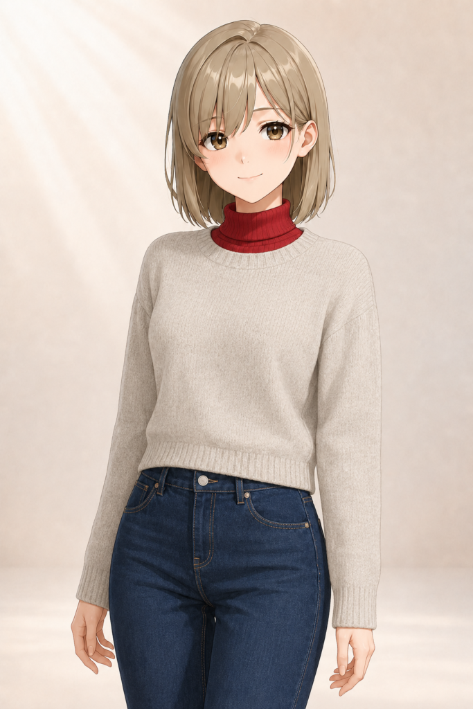 turtleneck collar visible above sweater neckline