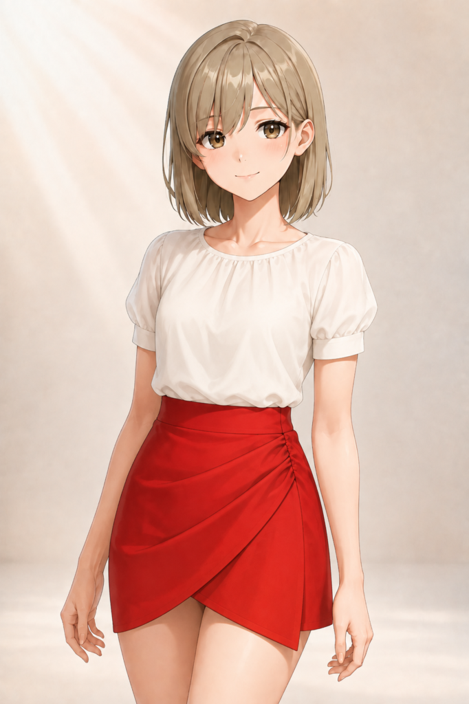 wearing a white blouse and a skirt