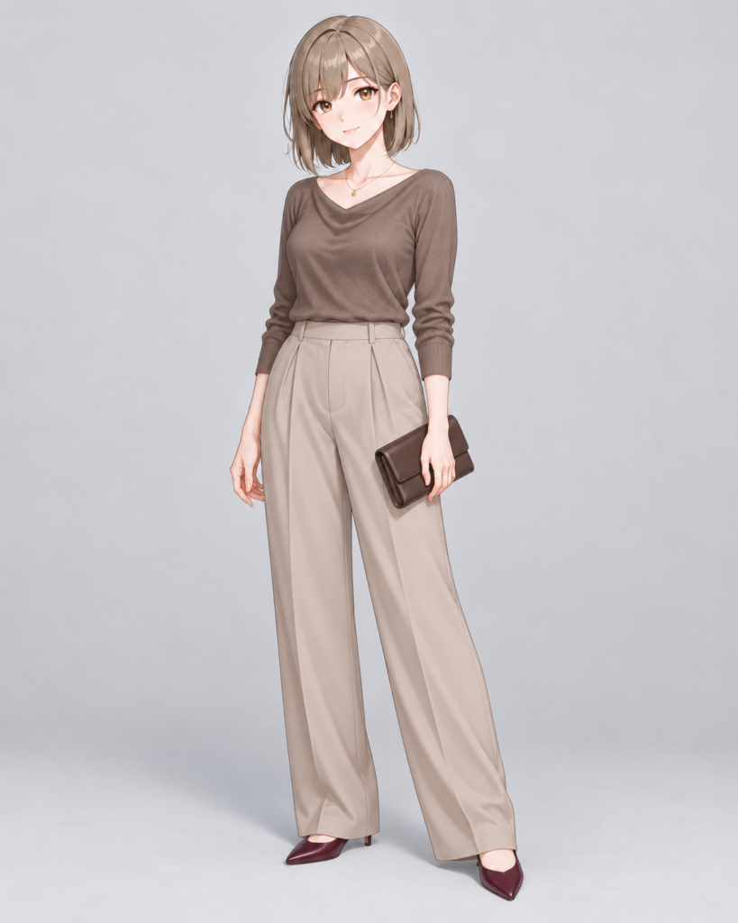 ドレープネックニット × タックワイドパンツ-1