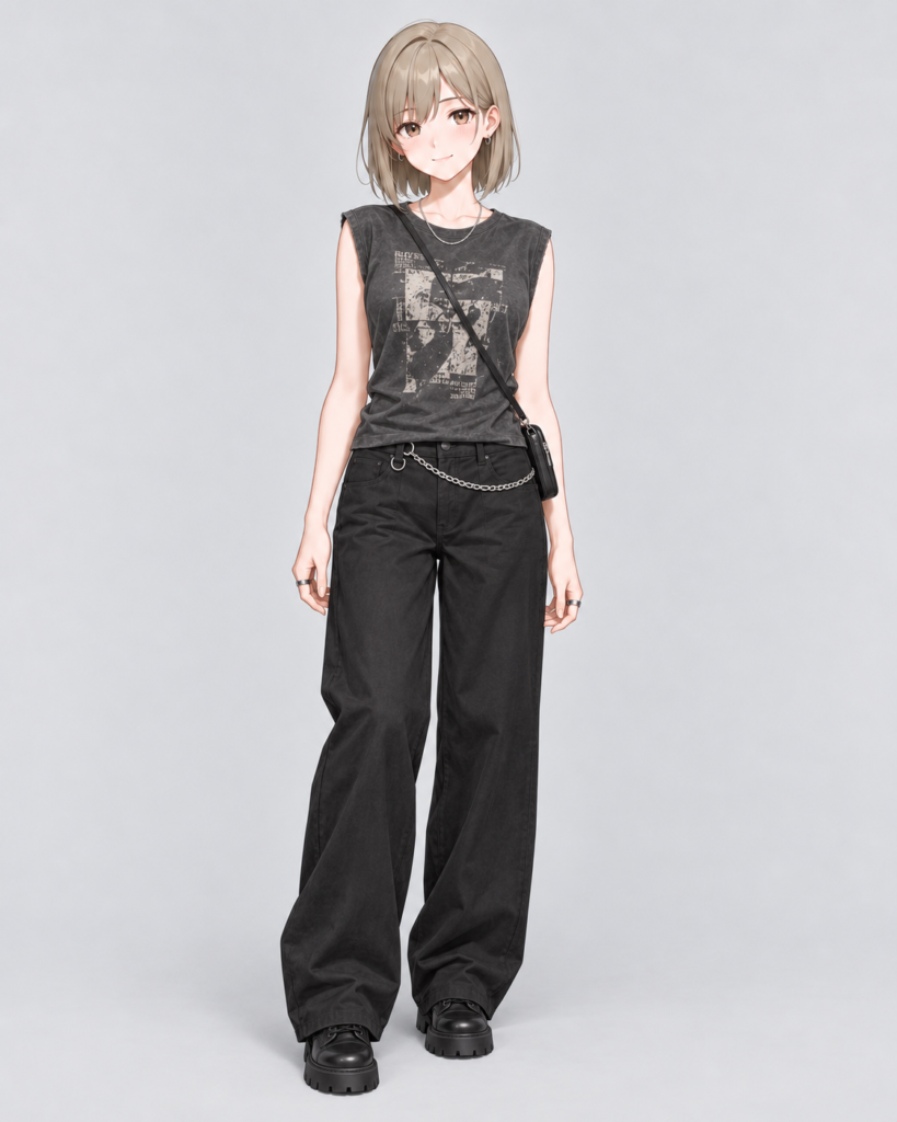 ノースリーブグラフィックT × ブラックワイドパンツ-1