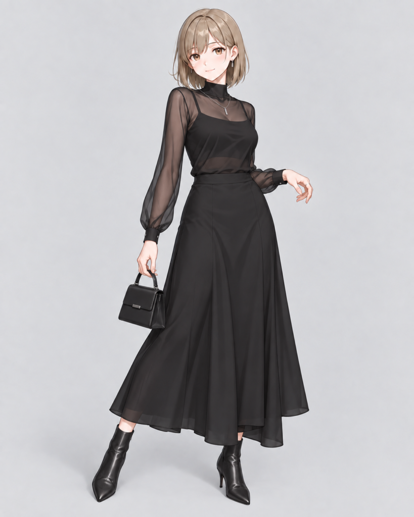 シアーハイネックトップ × ロングスカート-1