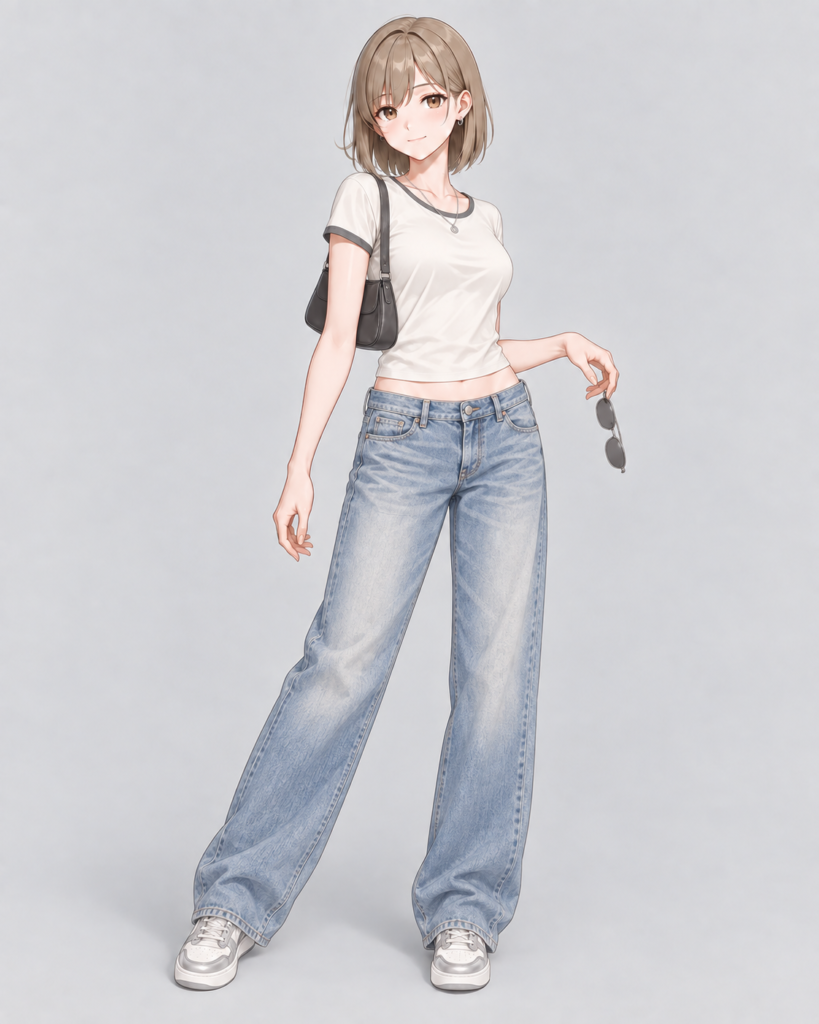 コンパクトTシャツ × ローライズワイドデニム-1