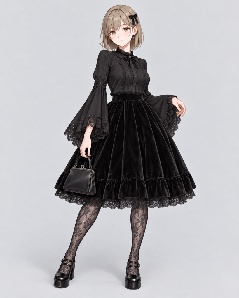 ベルスリーブブラウス × ベルベットボリュームスカート-1