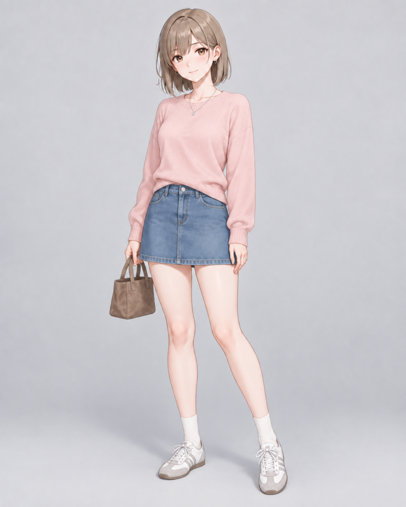 ピンクニット × デニムミニスカート-1