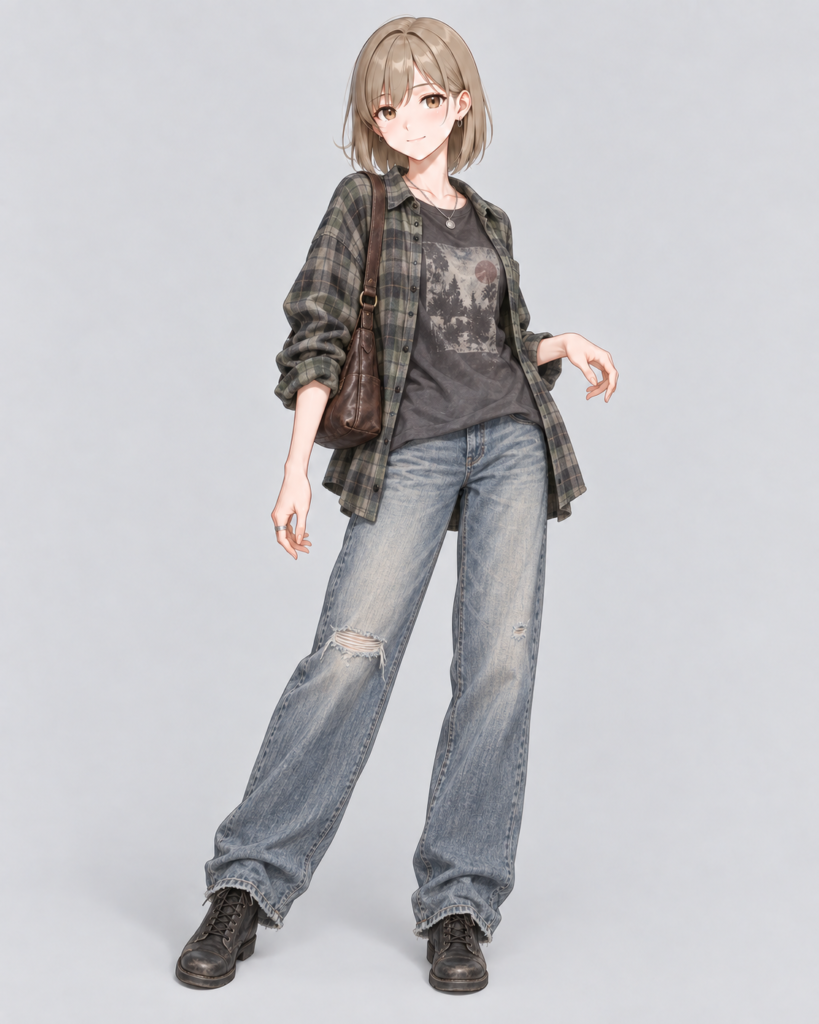 チェックシャツ × ダメージワイドデニム-1
