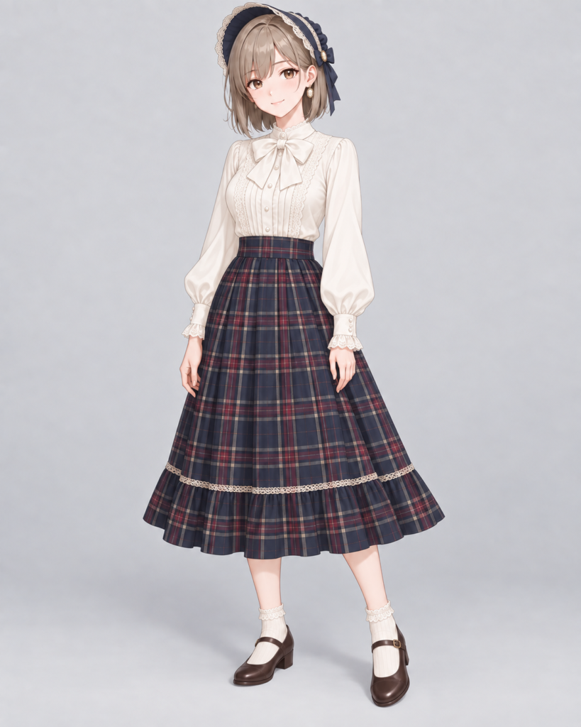 ボウタイブラウス × チェックロングスカート-1